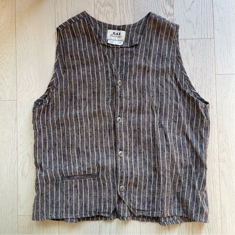 Flax 100% Pure Linen Hickory Stripes Button Up Vest Lagenlook Minimalist Granola